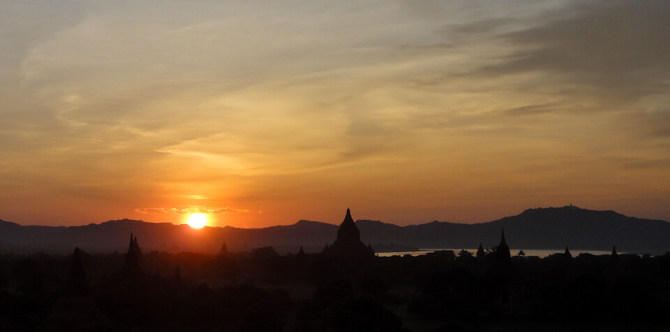 Brilliant sunset over the field of pagodas at Bagan.