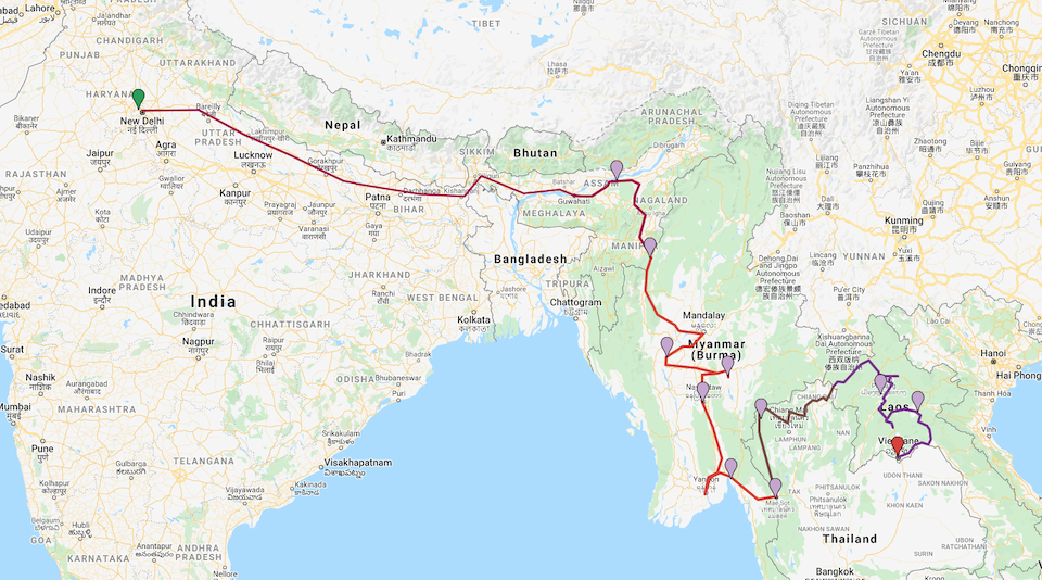 The route from New Delhi across Myanmar into Thailand and Laos.